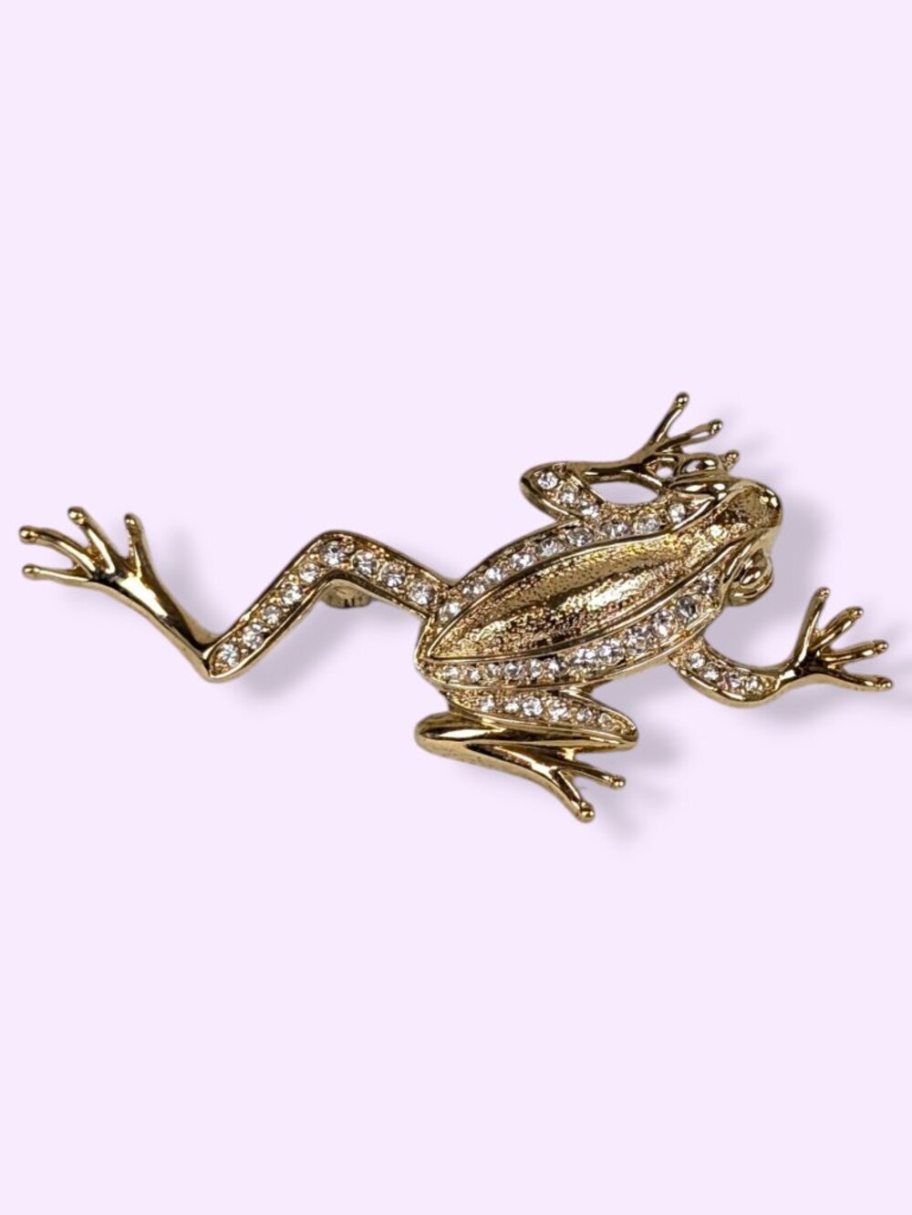 Gold Tone Rhinestone Hopping Frog Brooch
